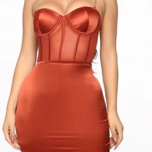 Fashion Nova Rust Orange Satin Bustier Mini Dress
